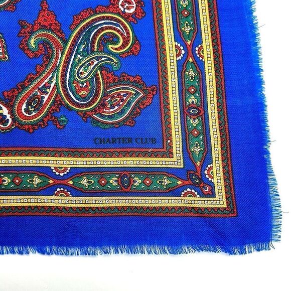 Vintage Charter Club Wool Square Scarf Paisley Blue made in Japan - Picture 10 of 12